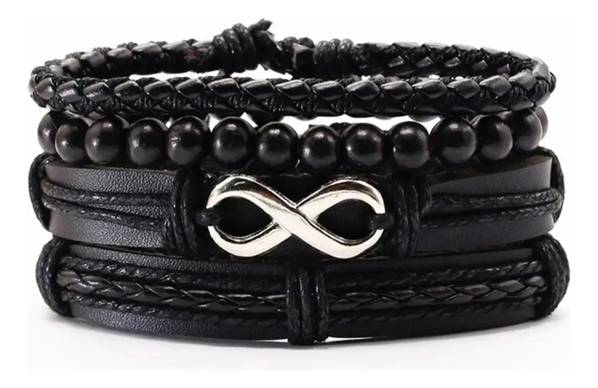 Pulseira Estilo Couro Multicamadas Proteção Tribal Rock Comprimento 26 Cm Cor Infinito Preto Diâmetro 6 Cm