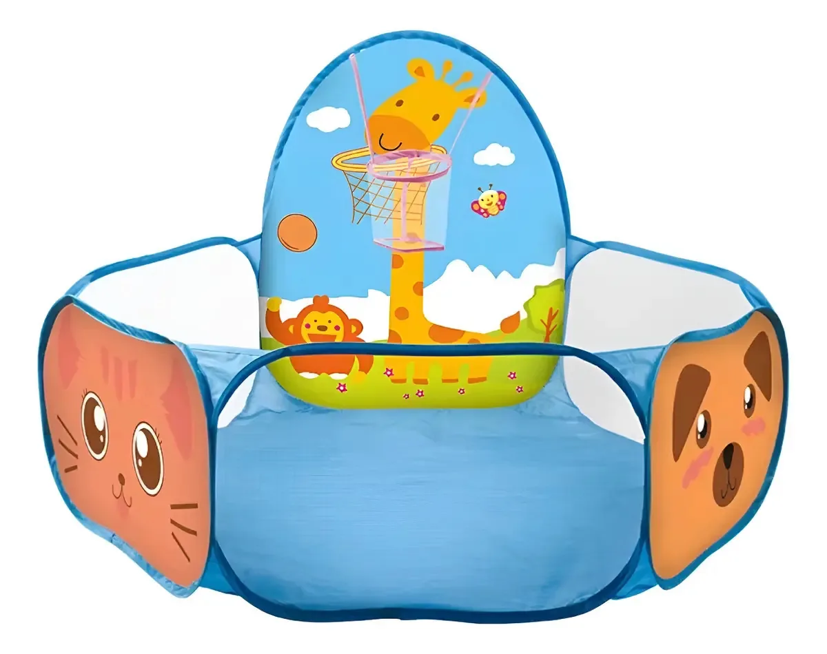 Piscina De Bolinhas Infantil Com Cesto De Basquete Bolsinha Cor Azul Girafinha