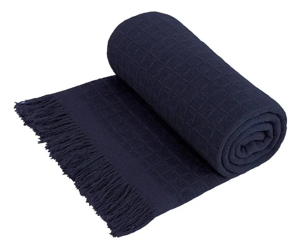 Manta Sofá Algodão Boho Chic Decora Azul-marinho