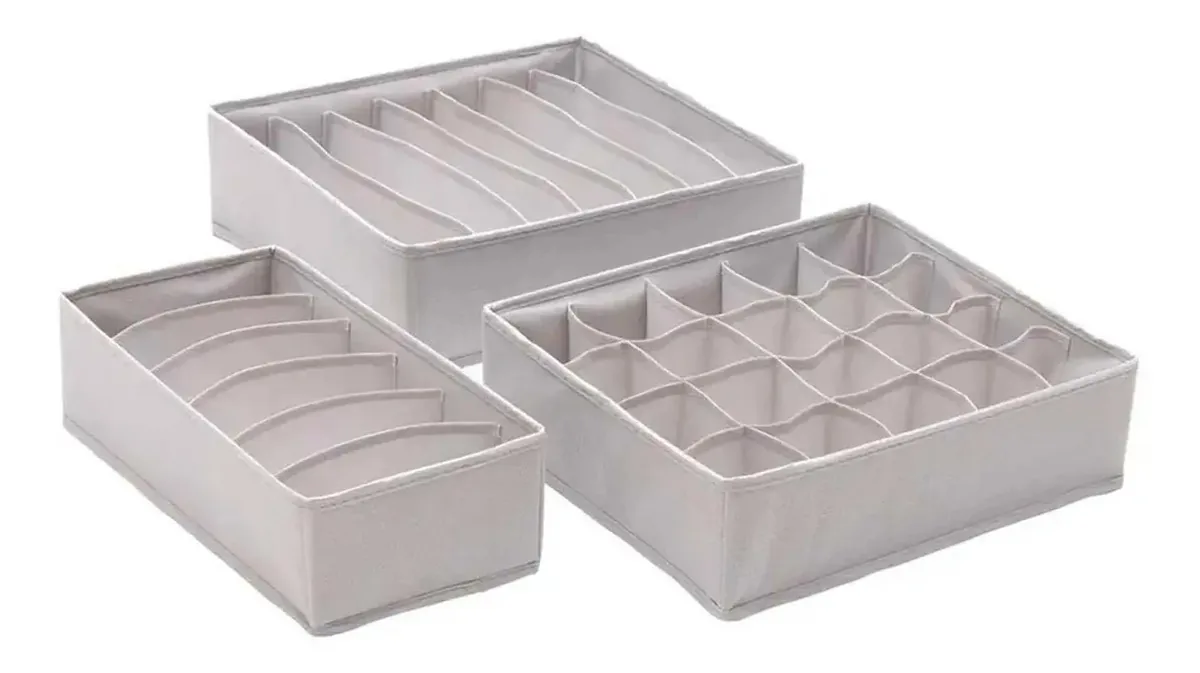 Kit 3 Organizadores Cinza Meia Sutiã Gaveta Divisória
