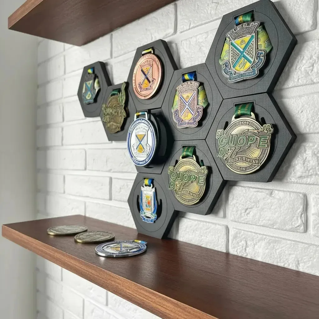 Porta Medalhas em Mdf - Hexagonal - Kit Com 5 Peças Cor Preto