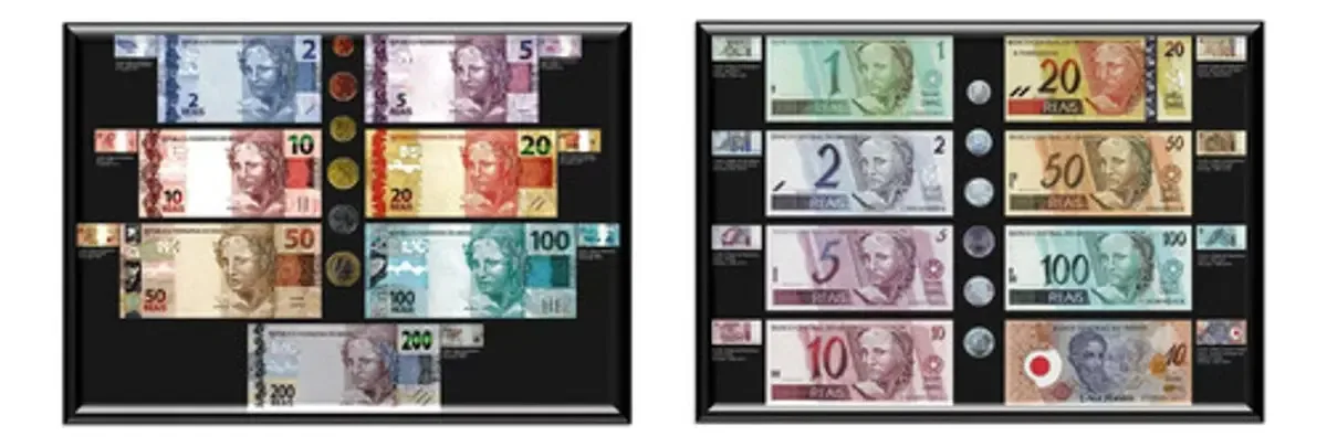 Kit 2 Quadros Expositor Cédulas E Moedas Familia Plano Real