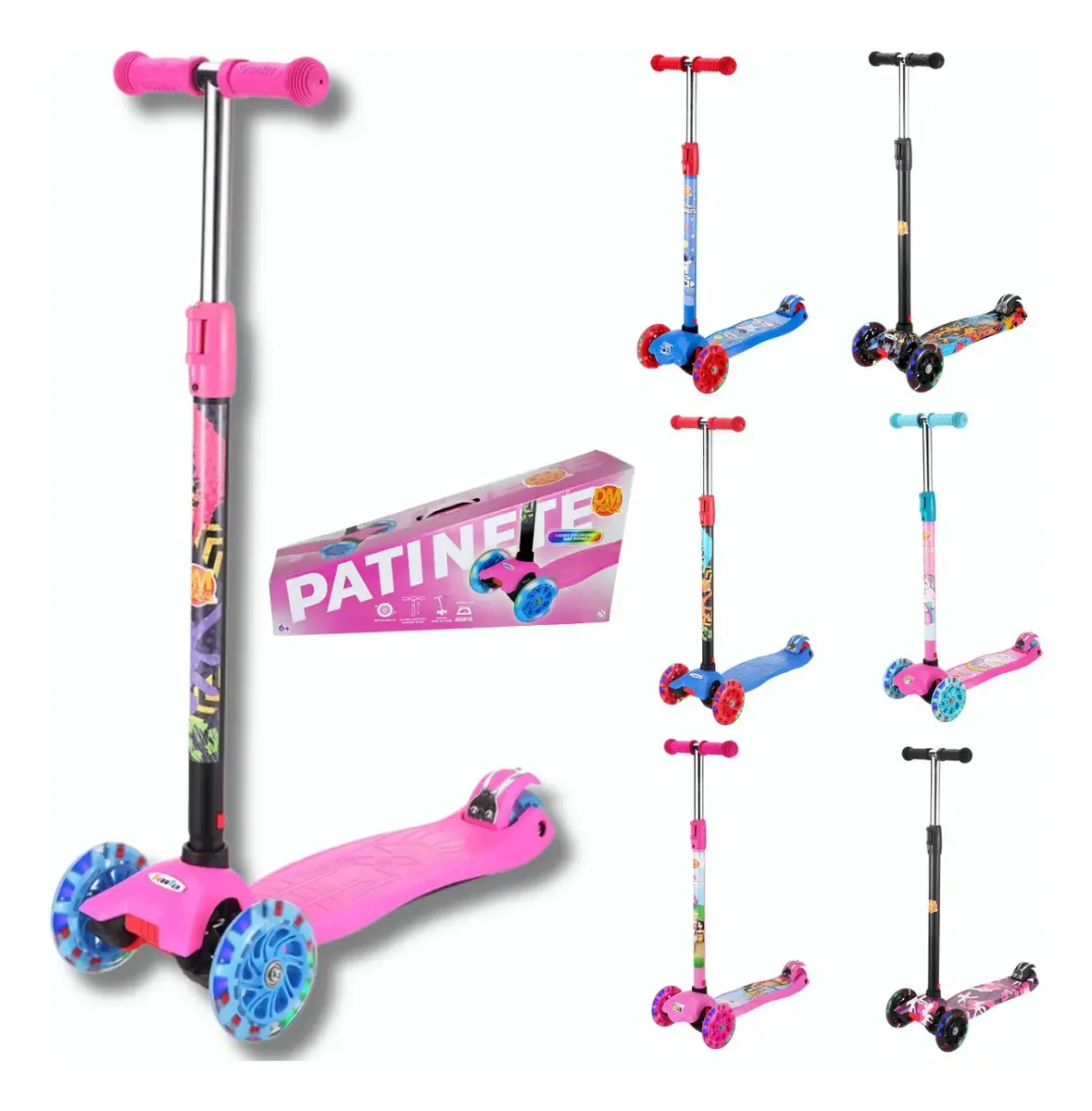 Patinete Dm Toys E Wellkids 3 Rodas Liso Rosa