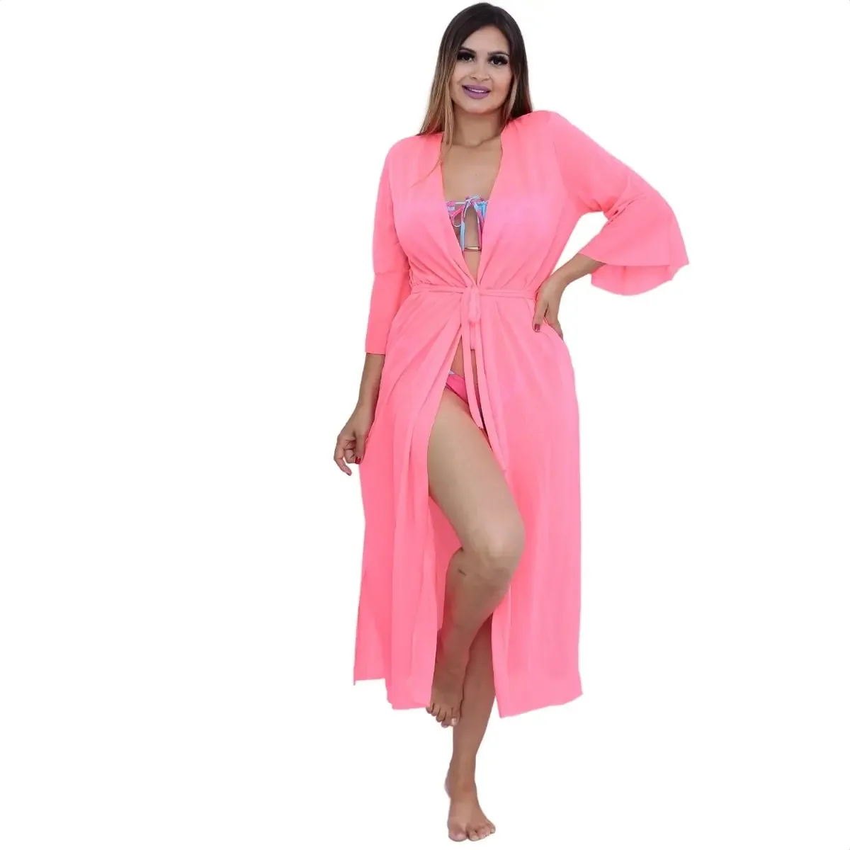 Saída De Praia Longa Vestido Cangas Manga Kimono Luxo Pareô Cor Rosa-chiclete Tamanho M