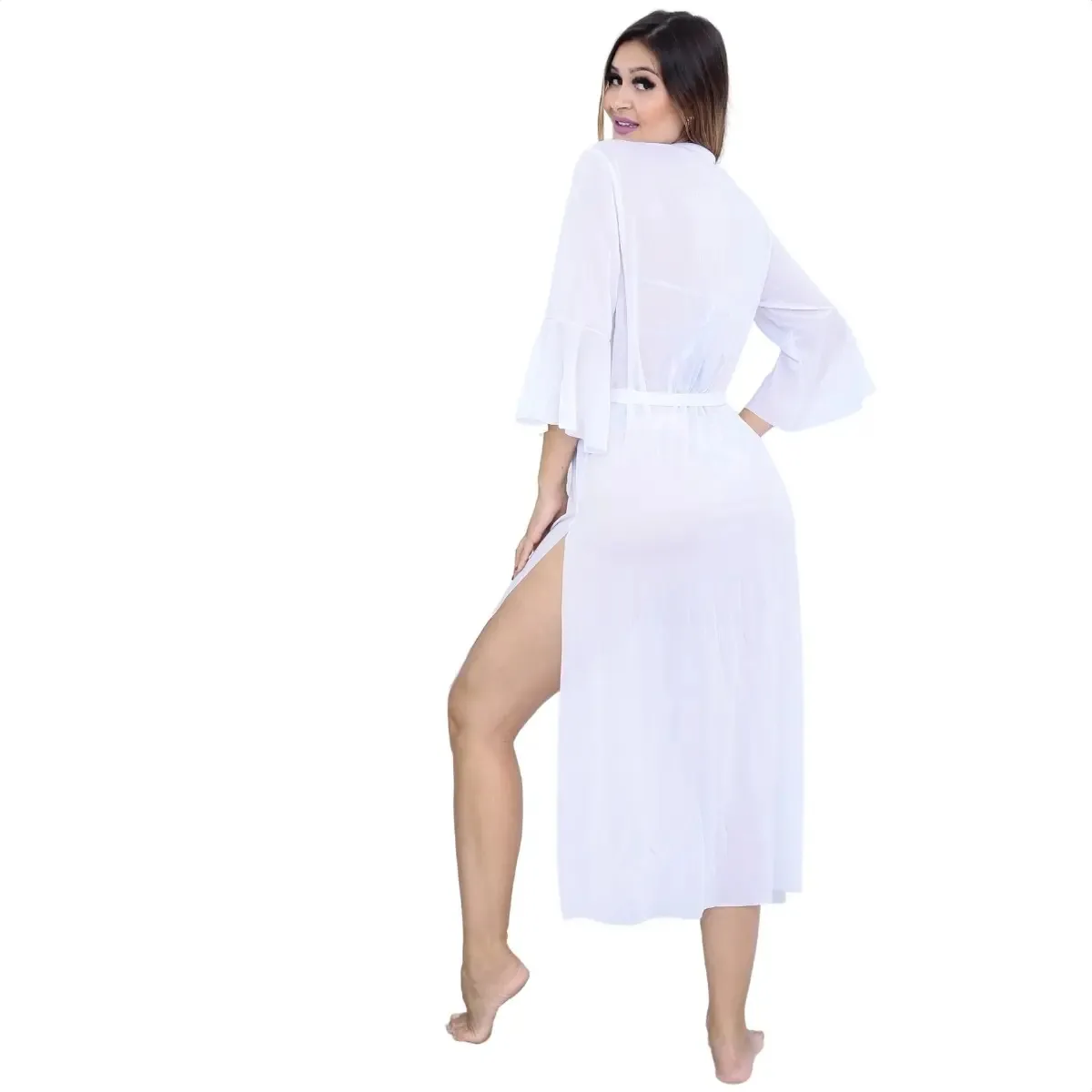 Saída De Praia Longa Vestido Cangas Manga Kimono Luxo Pareô Cor Branco Tamanho M