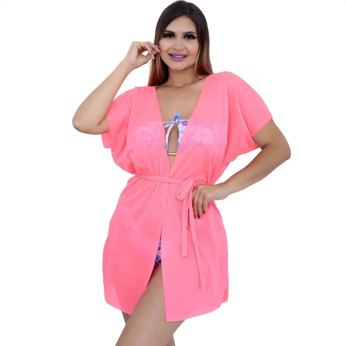 Saída Praia Kimono Curta Vestido Cangas Luxo Blogueira Pareô Cor Rosa-chiclete Tamanho M