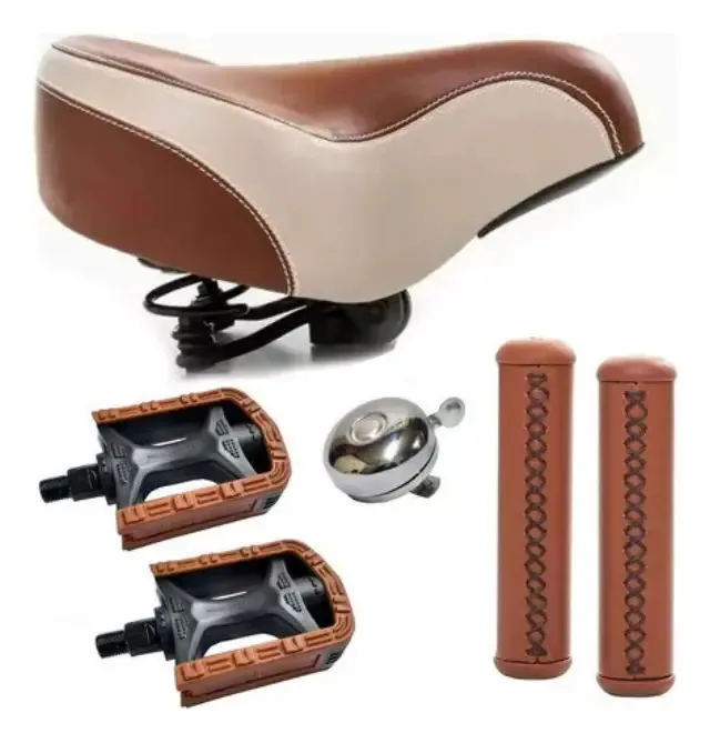 Kit Bicicleta Retrô Vintage Selim Molas Pedal Manopla Couro