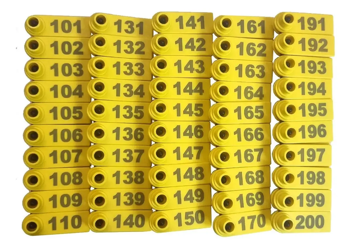 100 Brincos Grandes 7,5x6cm Numerados Para Bovinos, Ovinos Cor Amarelo