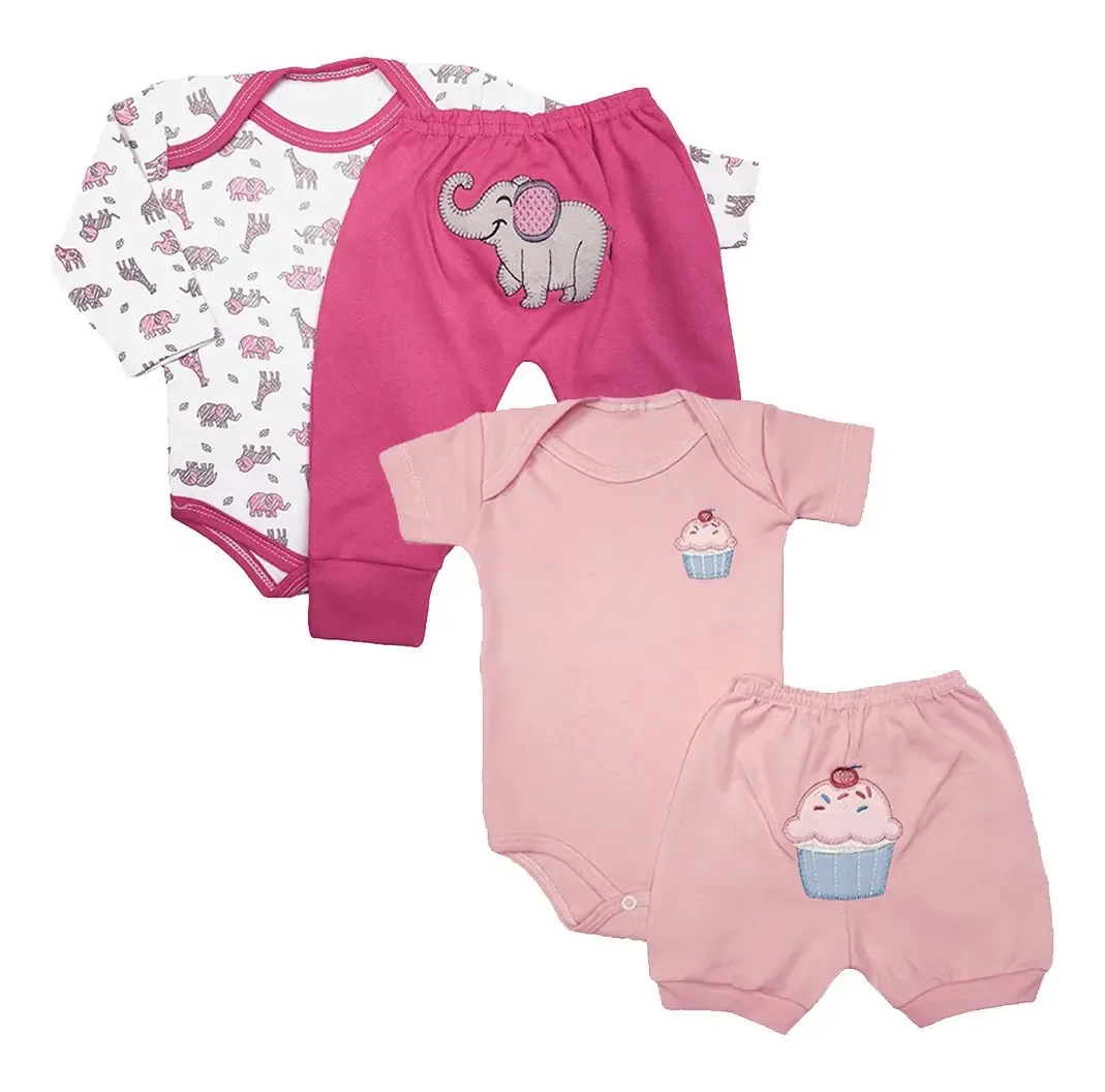 Kit Bebê 4 Conjuntos Body Short E Mijão Bumbum Bordado Cor Menina Tamanho M