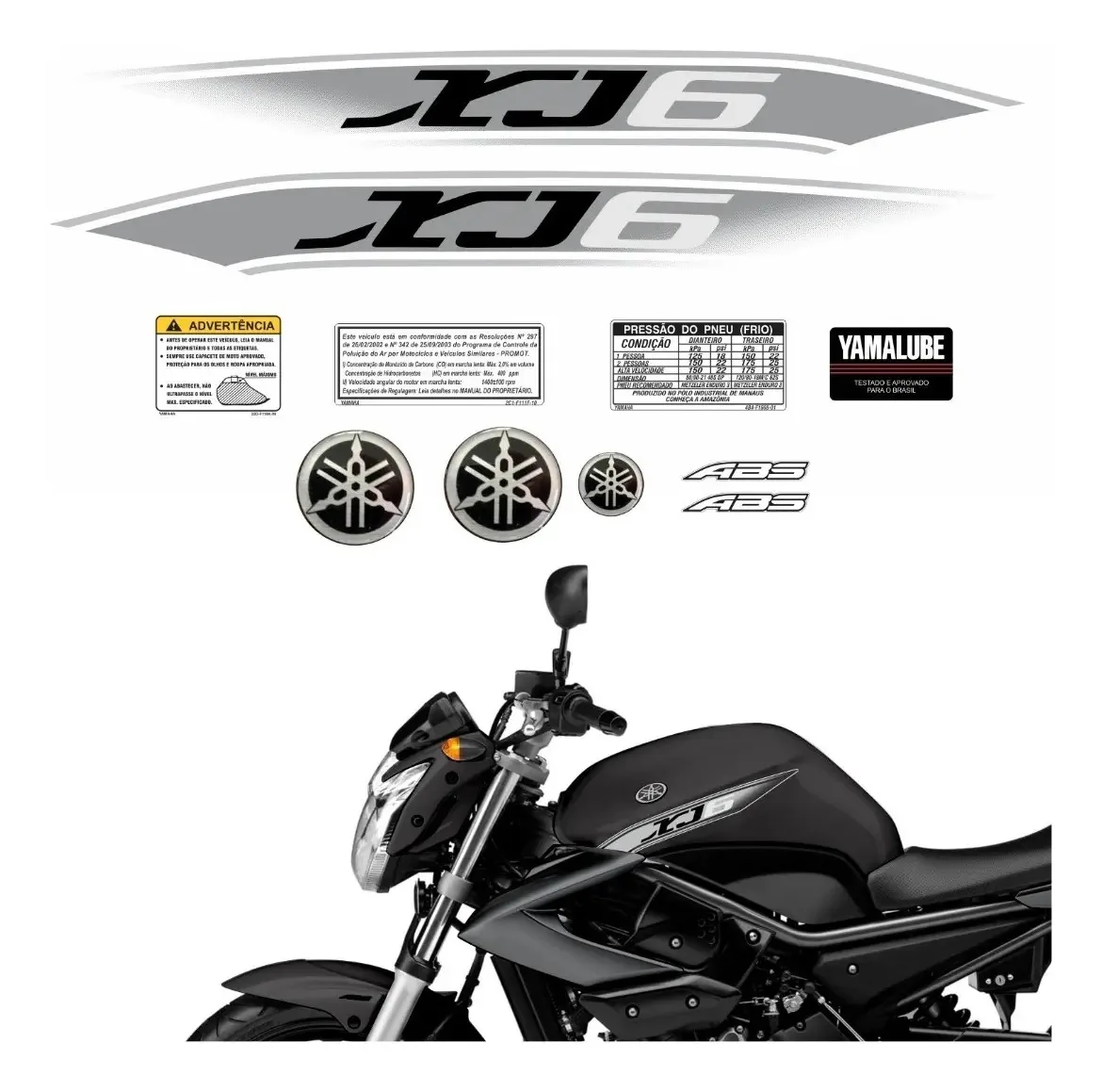 Kit Adesivos para XJ6 2011 2012 Cinza com Logos Resinados