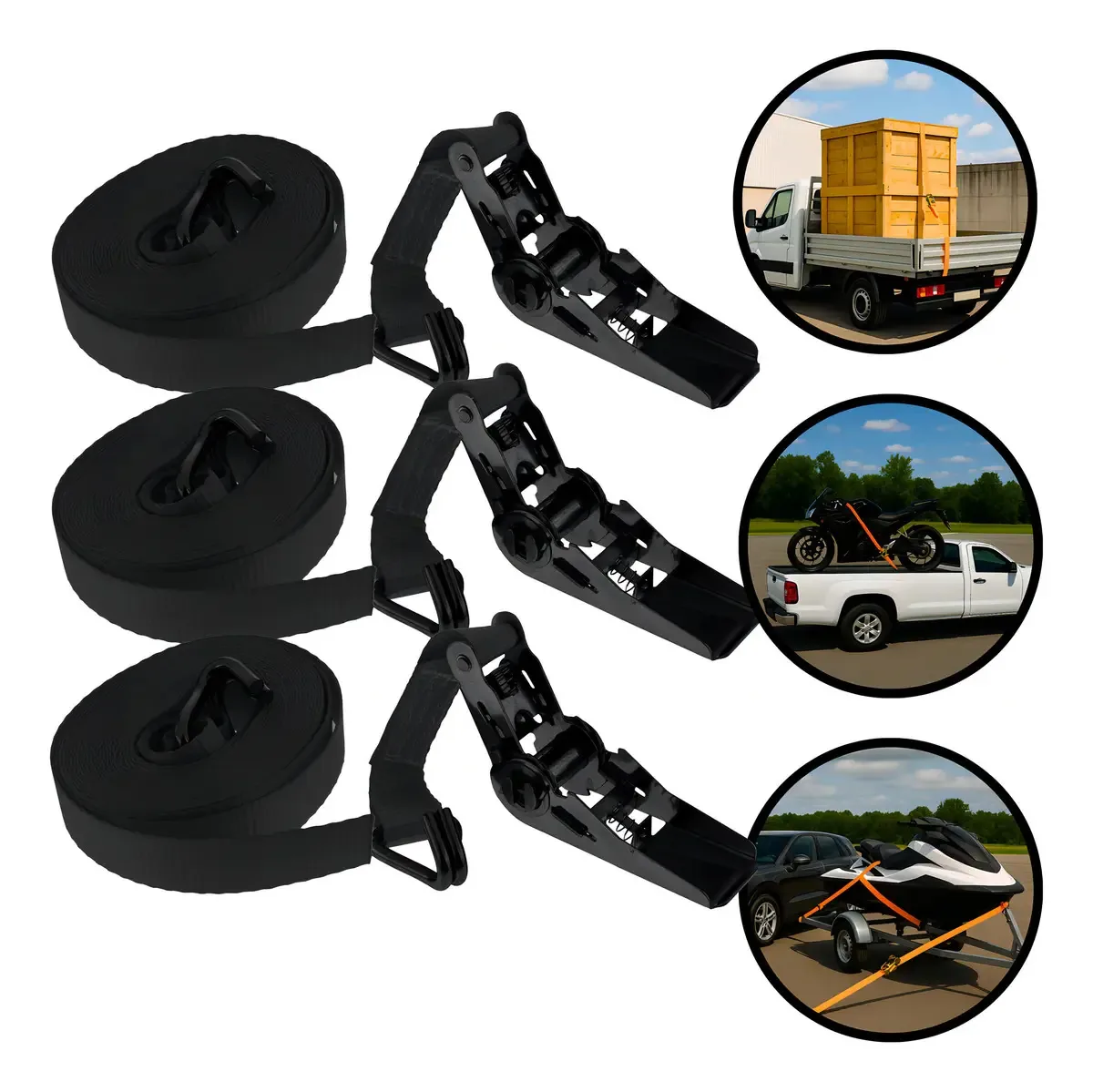 Kit 3 Cintas Catraca 800kg 5 Metros 25mm De Largura Cinta Fita Poliéster Para Amarração Cargas Pesadas Ideal Caminhão Amarra Jets Sky Quadriciclo Carga Solta Mudanças Motos Bikes Marca ATMAS