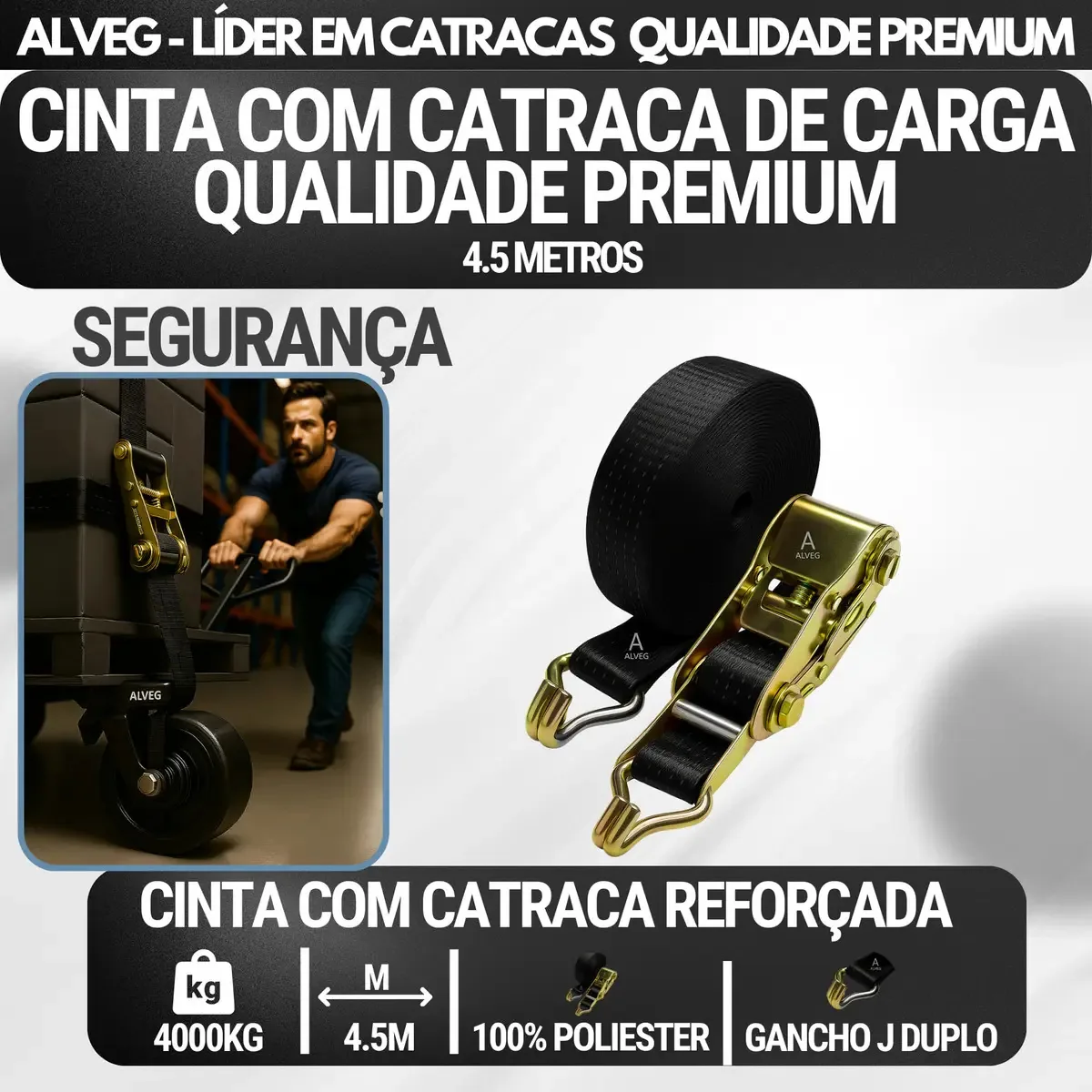 Kit 8 Cintas Catraca Alveg Amarração 800kg 4,5m Preto Carga Pesada
