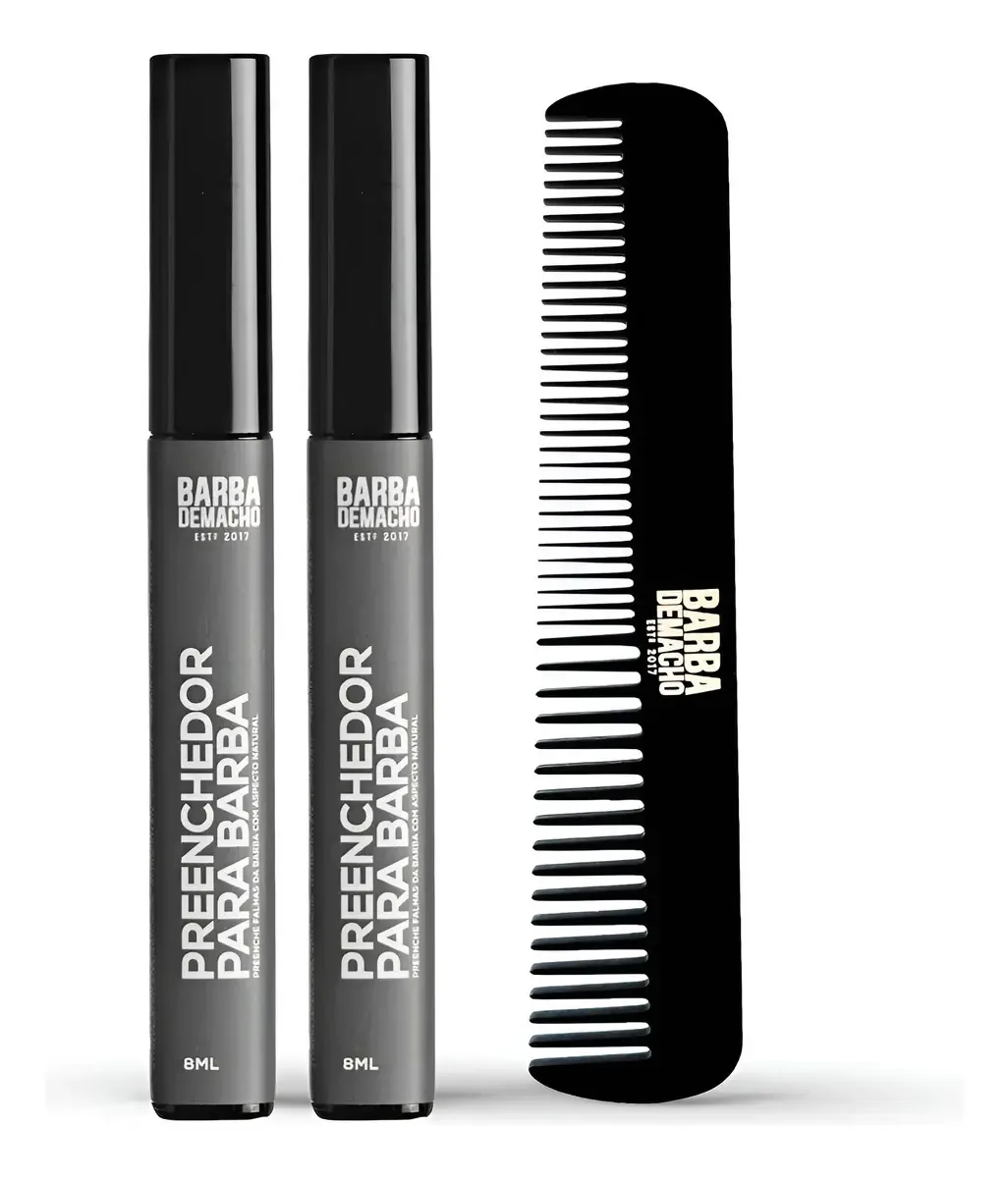 Kit 2 Preenchedor Barba Preto Cobri Falhas Fixa 24h + Pente
