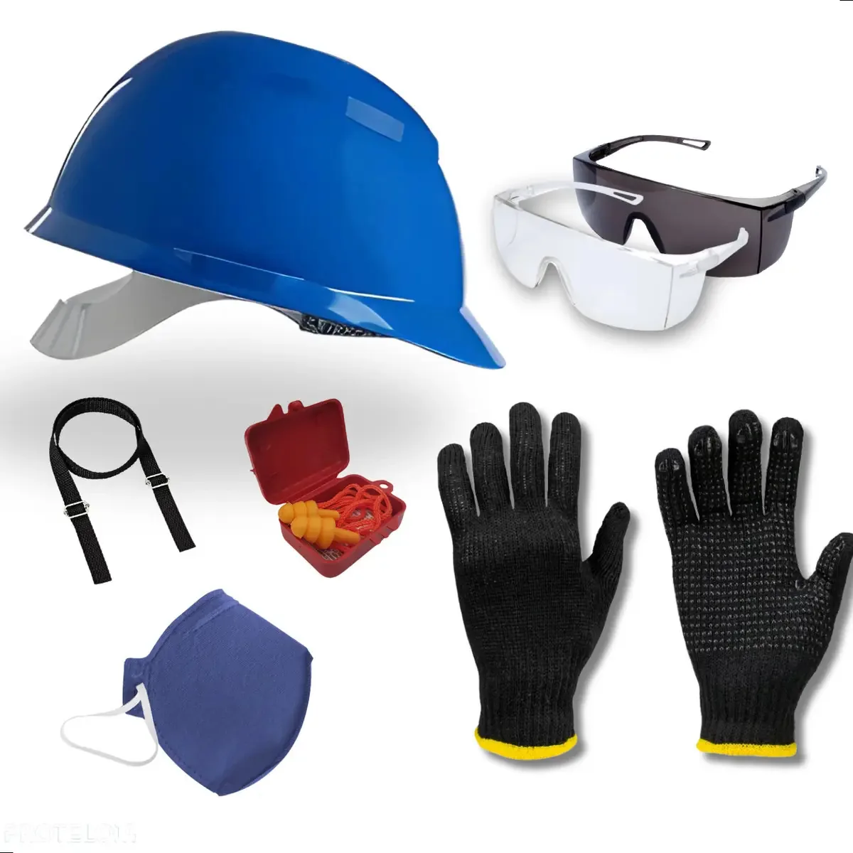 Kit Segurança Vendolandia: Capacete Azul, Óculos e Luva para Obra