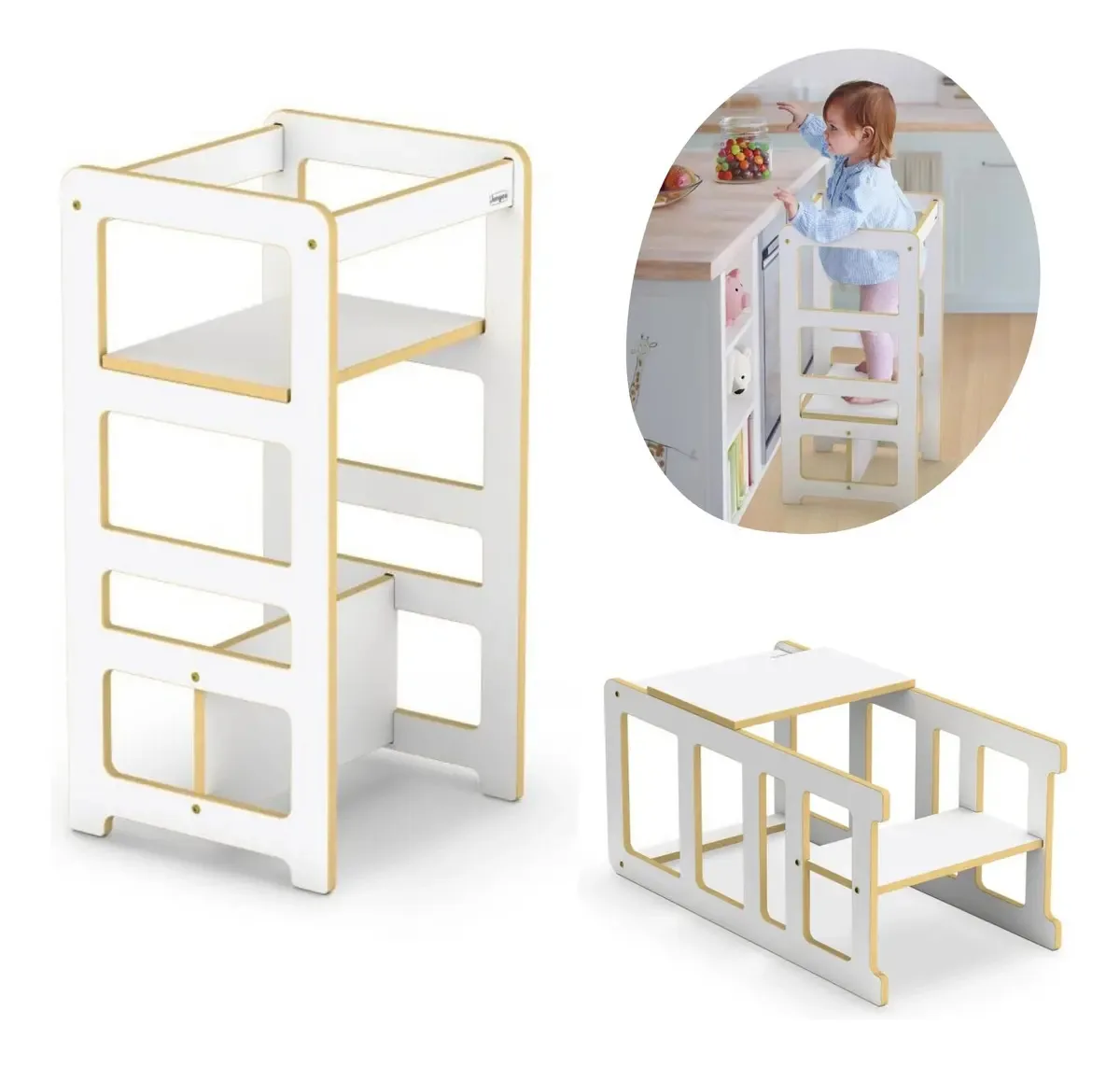 Torre Aprendizagem Montessori Junges Branco MDF Cadeirão Infantil 3 Níveis