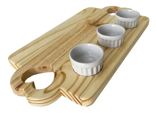 Tábua De Aperitivos Frios Dupla Alça Madeira Com Molheira