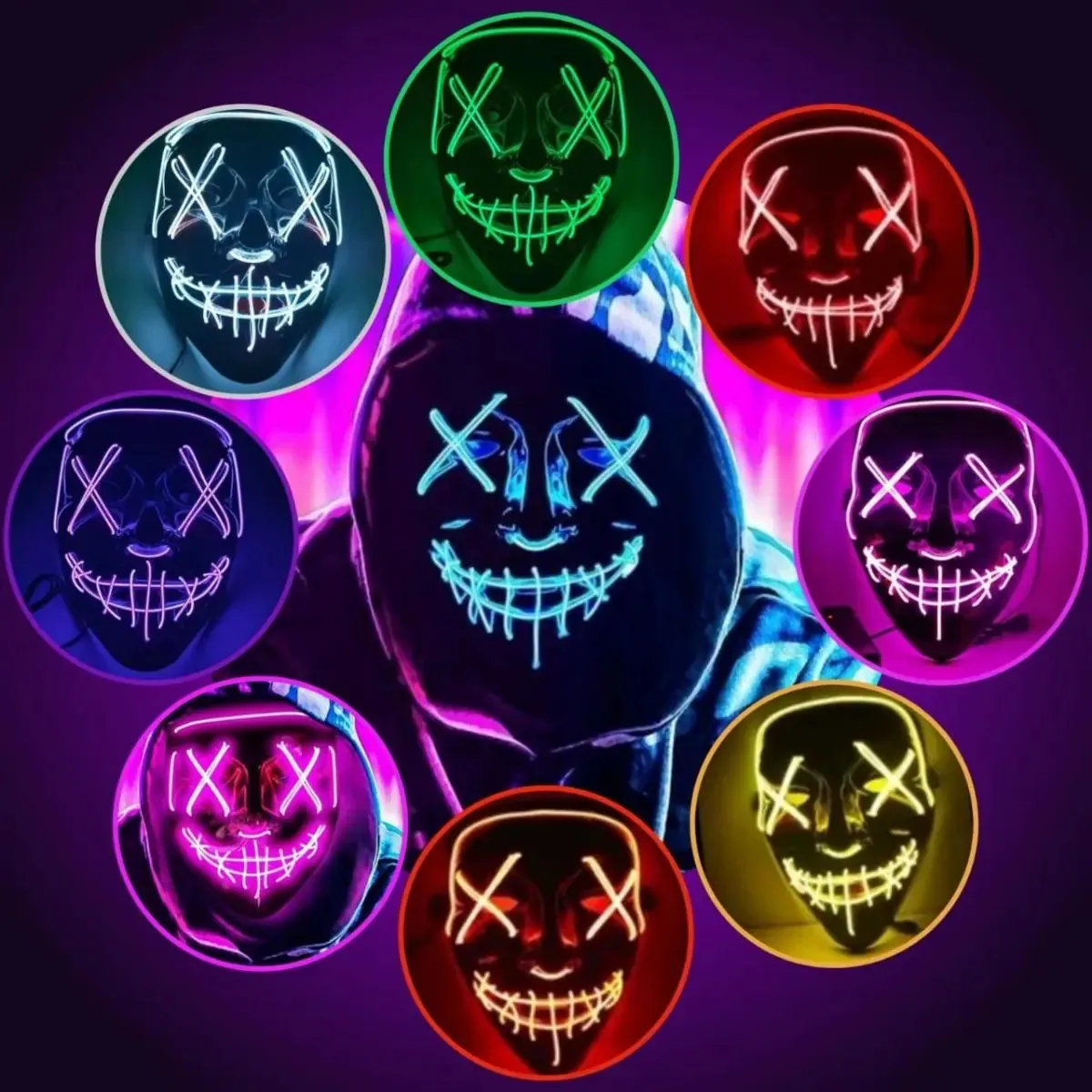 Máscara Led Neon Halloween Terror Carnaval Cosplay Fantasia Cor Roxo Caveira