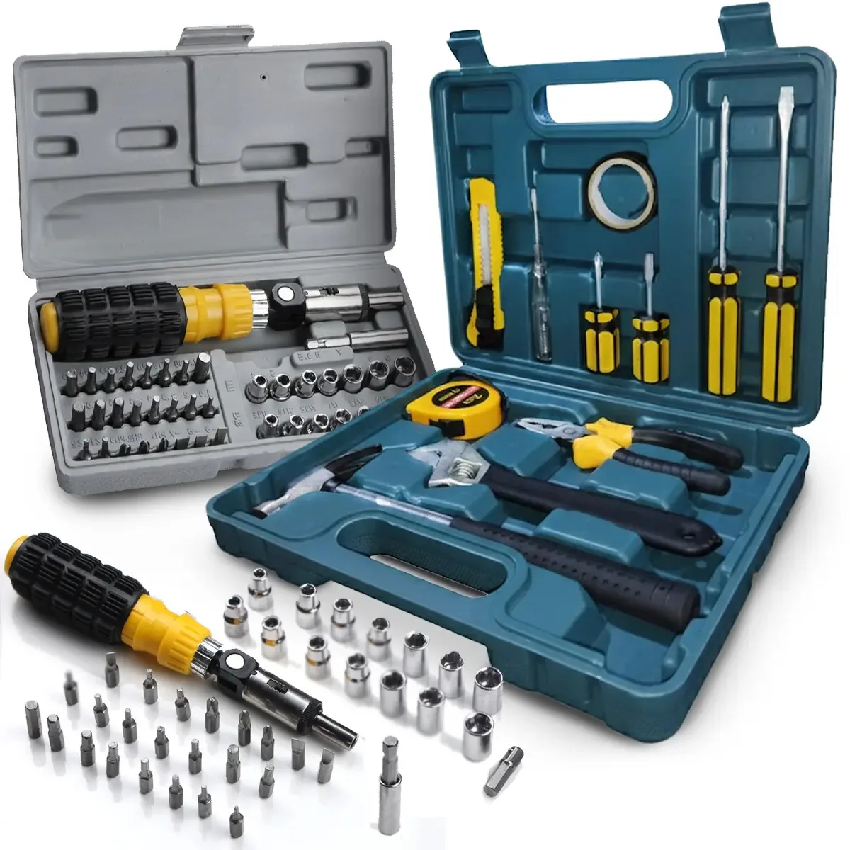 Kit Jogo Ferramentas 53 Peças Manuais Aço Carbono Soquetes Cachimbo Pito Chaves Catraca Reversível Maleta Completa Resistente Snel