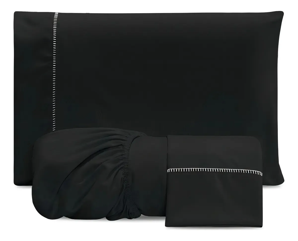 Jogo Cama King 3 Peças Percal Acetinado Poliéster Preto