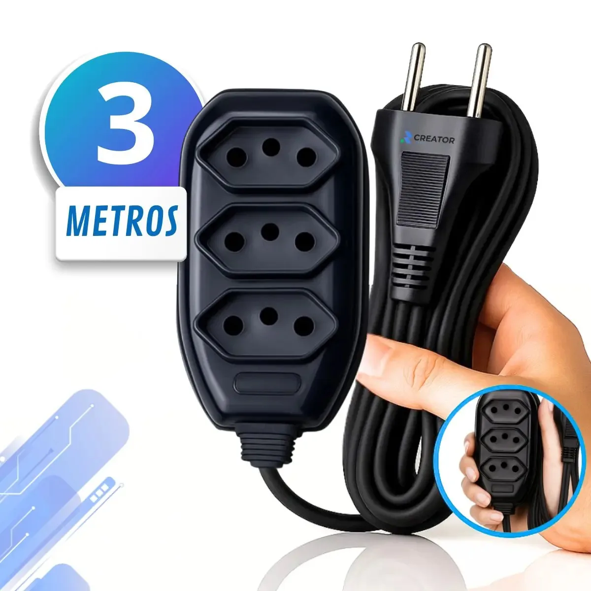 Extensão Elétrica 3 Metros Preto 3 Tomada Tripolar Bivolt Creator Brasil