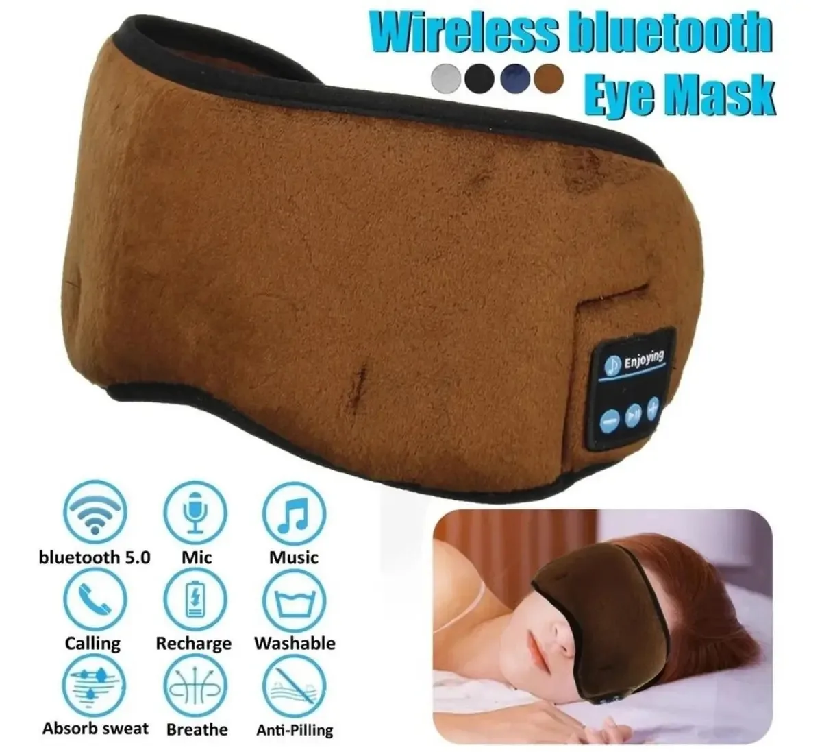 Tapa Olho Máscara Para Dormir Meditar Com Musica Marrom Liso