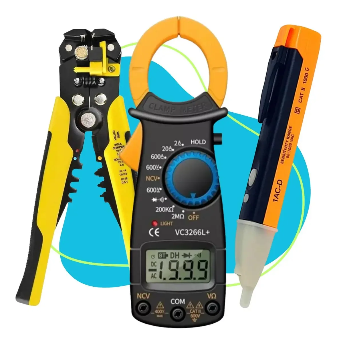 Kit Alicate Amperímetro Digital Tela Lcd Alicate Decapador De Fio Caneta Detector Detectora De Tensão Digital Informática
