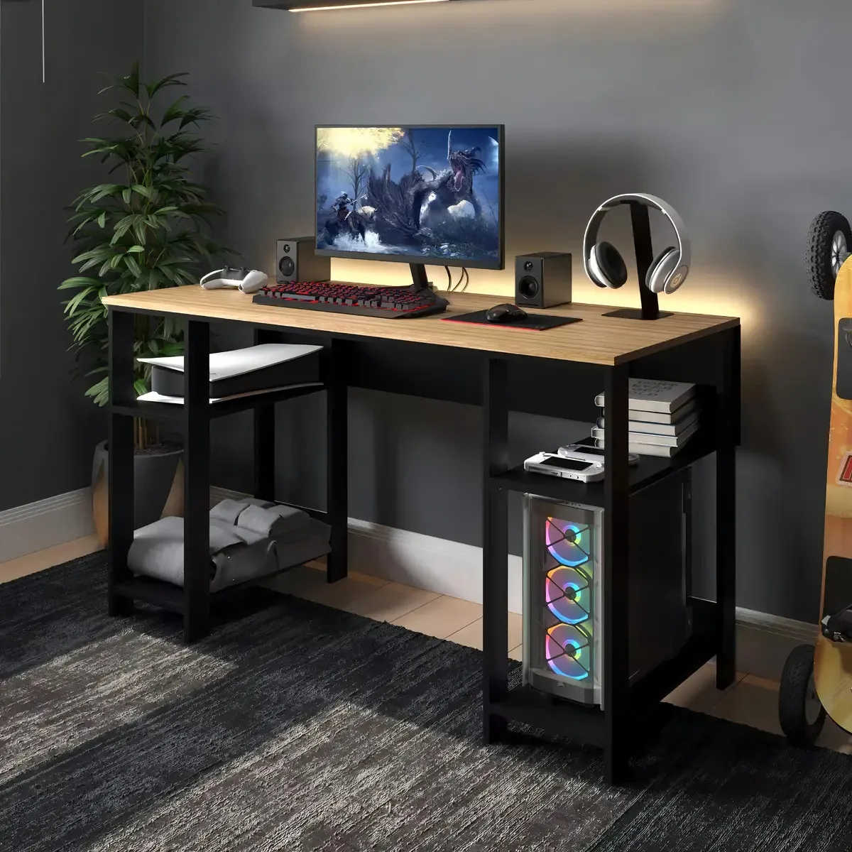 Mesa Pc Gamer Computador Escrivaninha Madeira Industrial Lâmina Com Preto