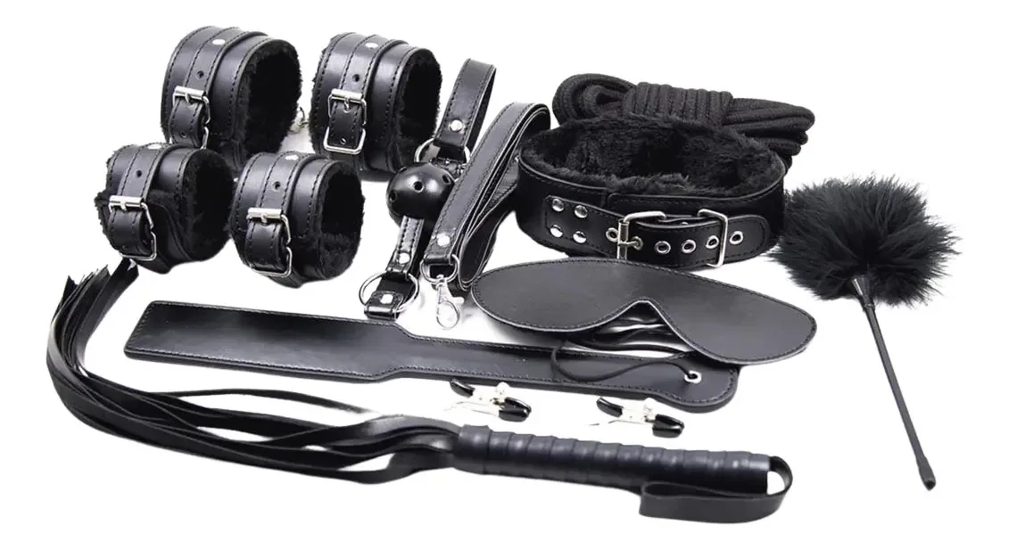 Kit de bondage Bdsm, 10 peças e vibrador, cor preta