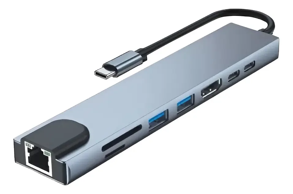 Adaptador USB C 8-1 para Usb C Hdtv Sd Tf Usb 3.0 Usb Pd Lan Adaptador de Lan cinza escuro