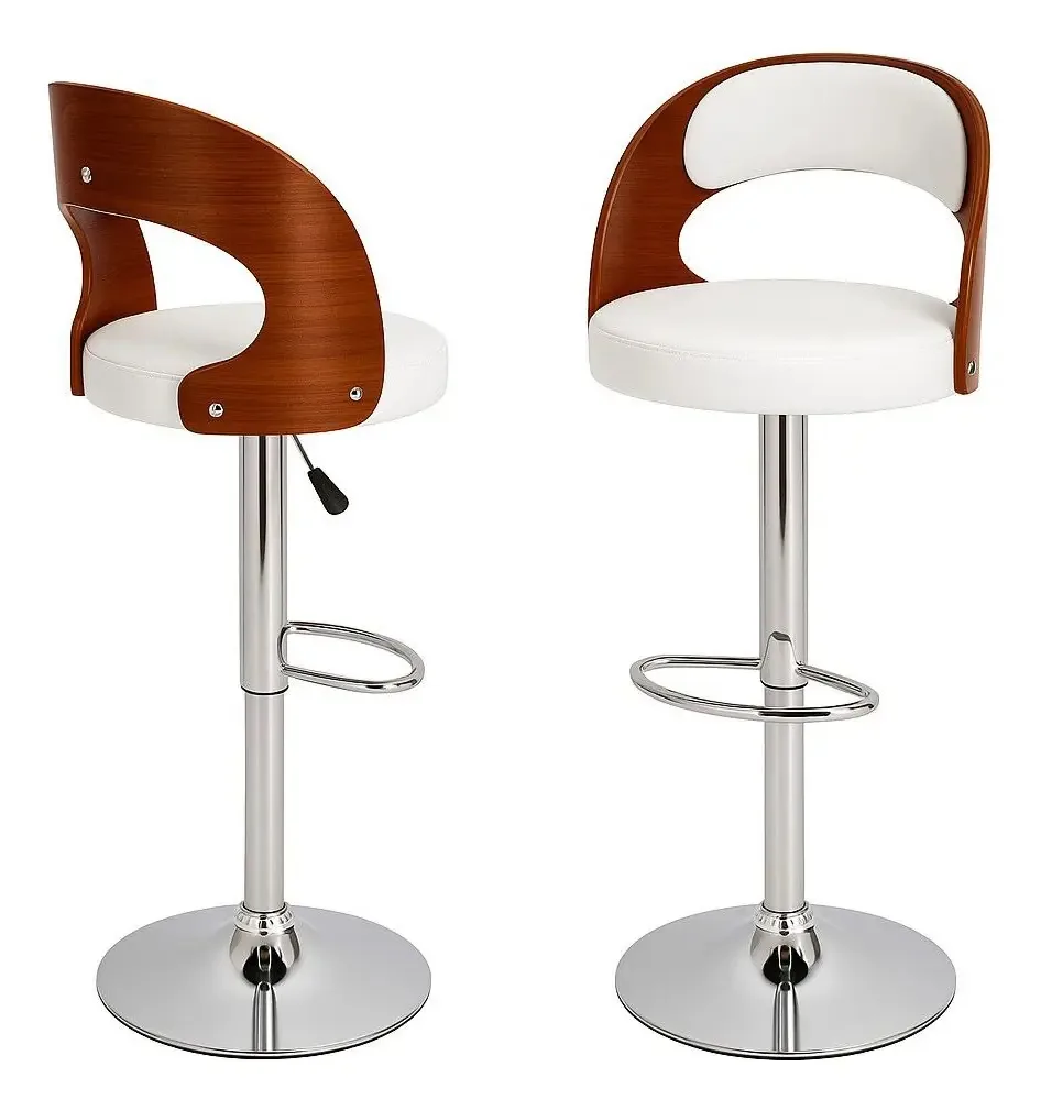 Banqueta de café da manhã de madeira High Stool X2, acabamento da estrutura da cadeira de bar, cor cromada, branco
