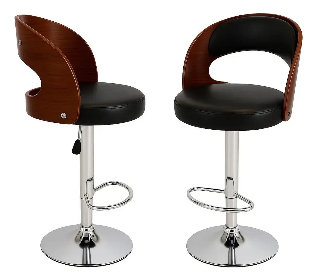 Banqueta de café da manhã de madeira High Stool X2, acabamento da estrutura da cadeira de bar, cor cromada, preto