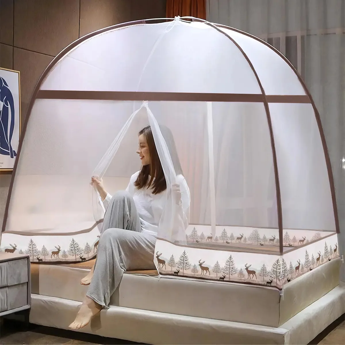 Pavilhões de mosquiteiros dobráveis Deer Queen Size para cama
