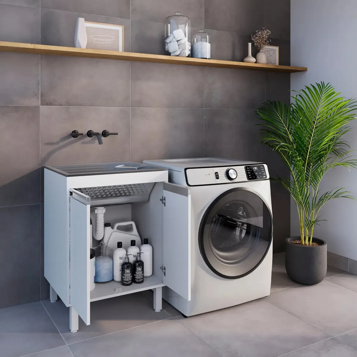 Tanque Lavanderia Inox 46l Gabinete Mdf Branco 60cm Montado Branco