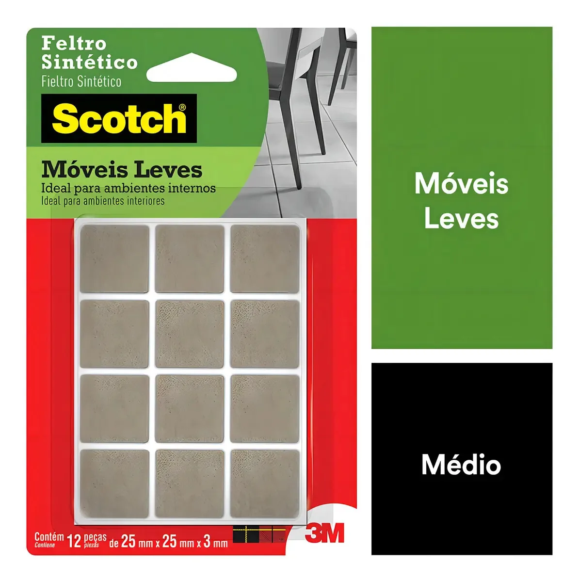 Protetor Adesivo Quadrado 25mm 3M Scotch Móveis Cadeiras 12 Unidades