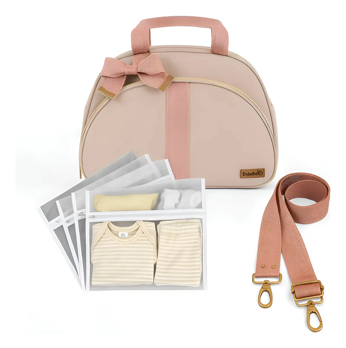 Kit Bolsa Maternidade Golden Luxo c/ Organizador e Porta Mamadeira Rosê