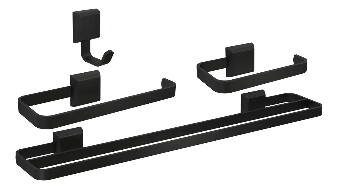 Kit De Acessórios Para Banheiros 4 Peças Com Toalheiro Duplo Cor Preto