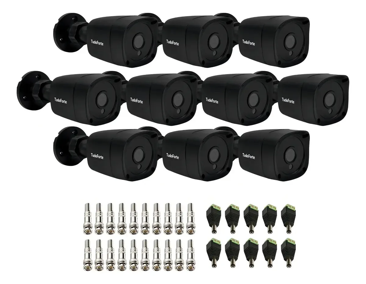 10 Câmeras Black Visão Noturna Infra 20m 1080p E Conectores