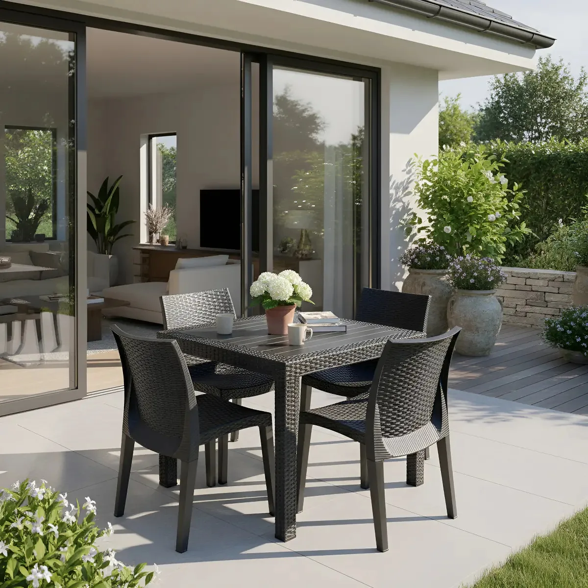 Mesa Rattan Com 4 Cadeiras Jardim Sala Varanda Salão Prime Cor Preto