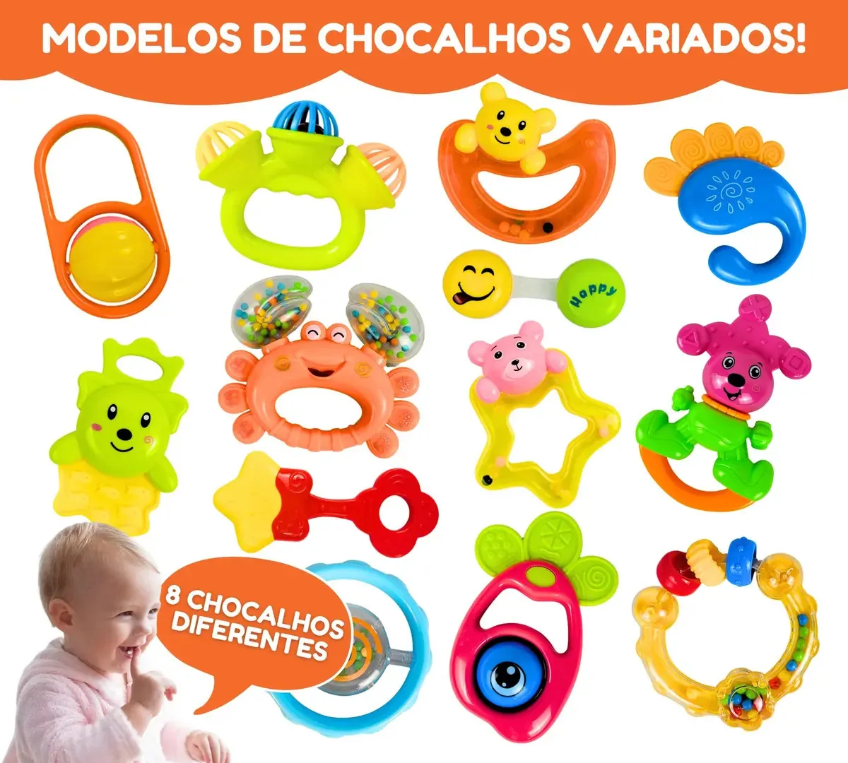 Kit Chocalho Mordedor Divertido Para Bebê Selo Inmetro 8 Chocalhos Variados