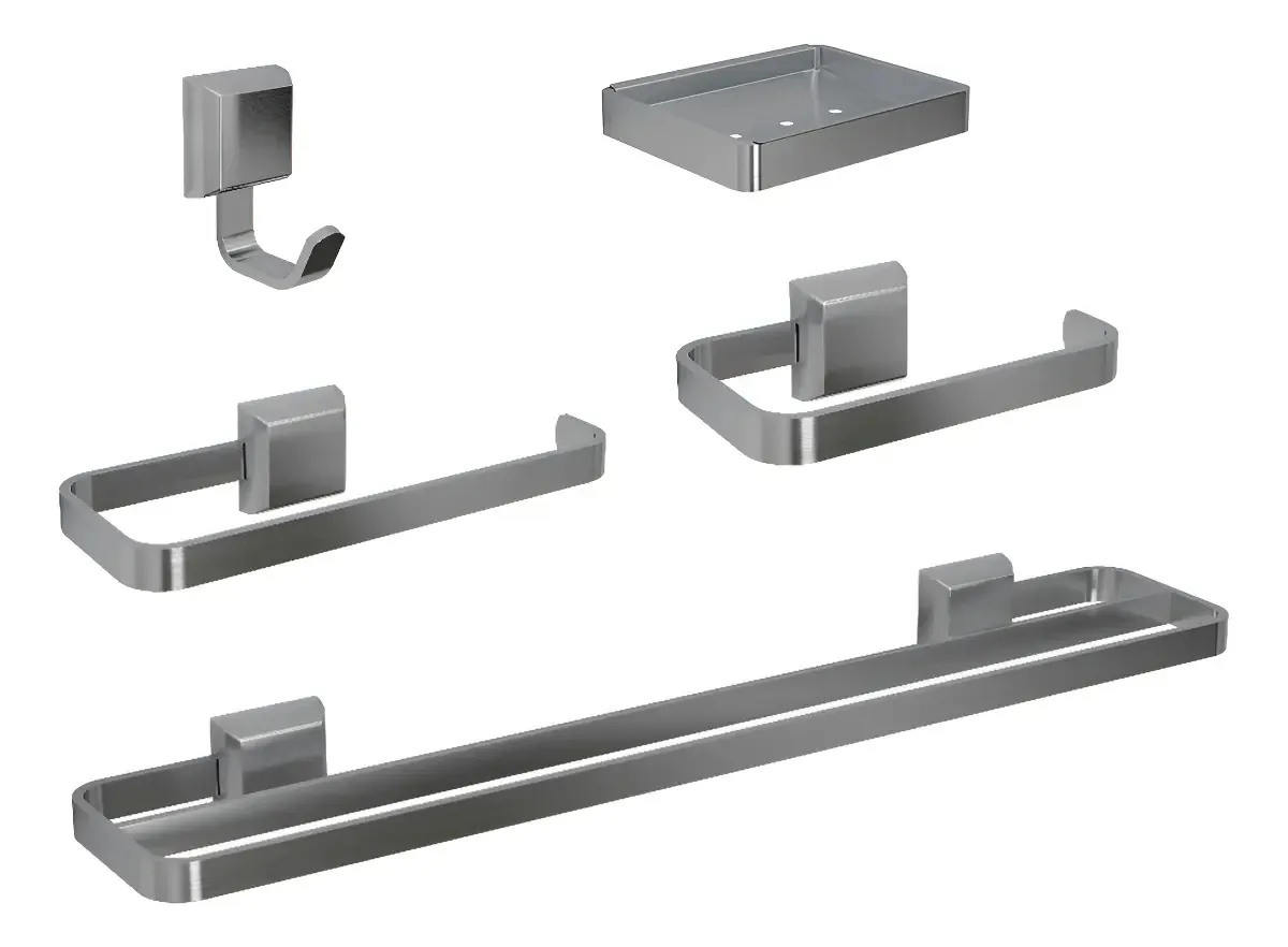 Kit Acessórios Para Banheiros Parede Lavabo Quadrado Luxo Cor Prateado