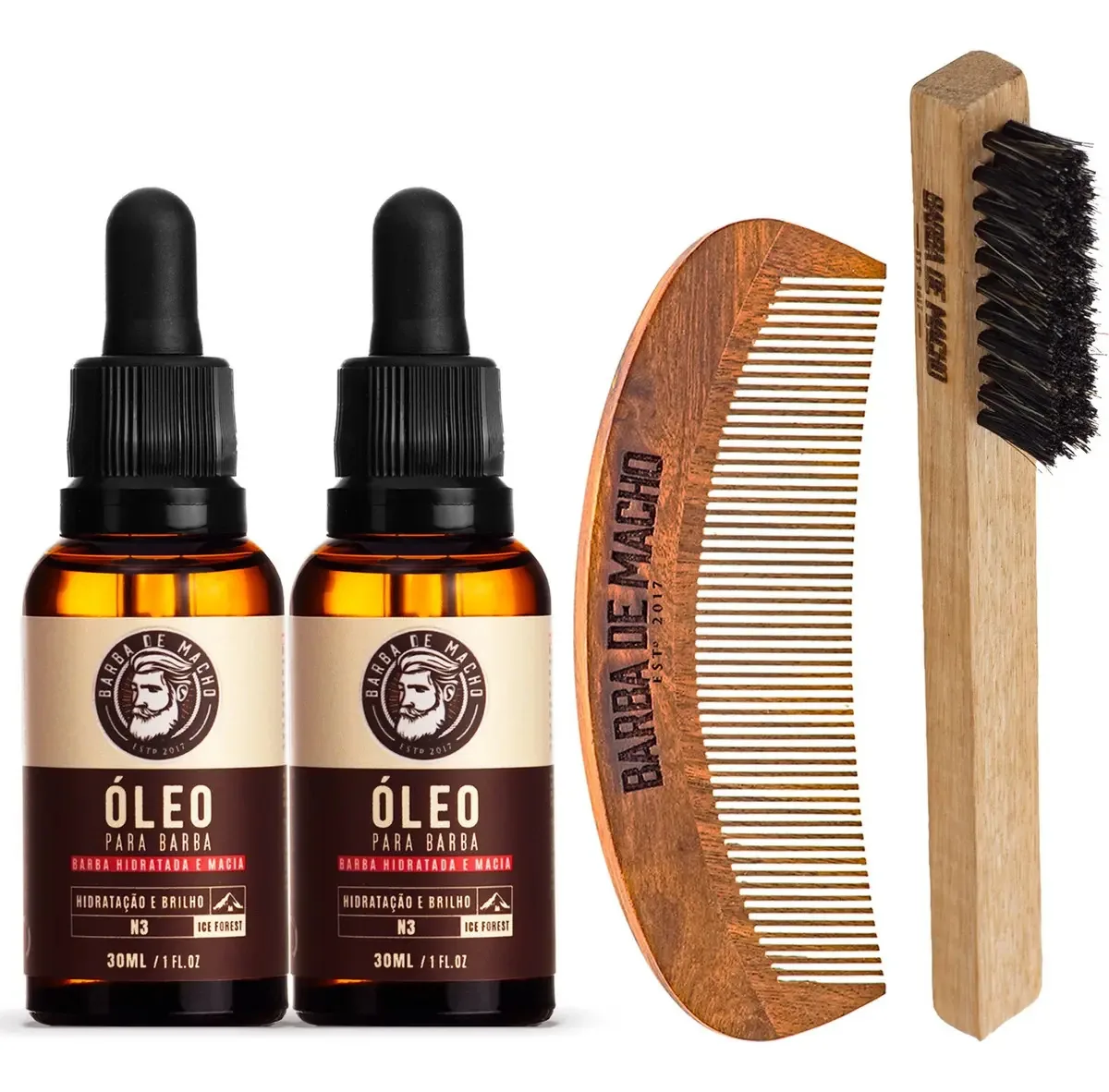 Kit De Barba 2 Óleo 30ml + Pente De Madeira + Escovinha