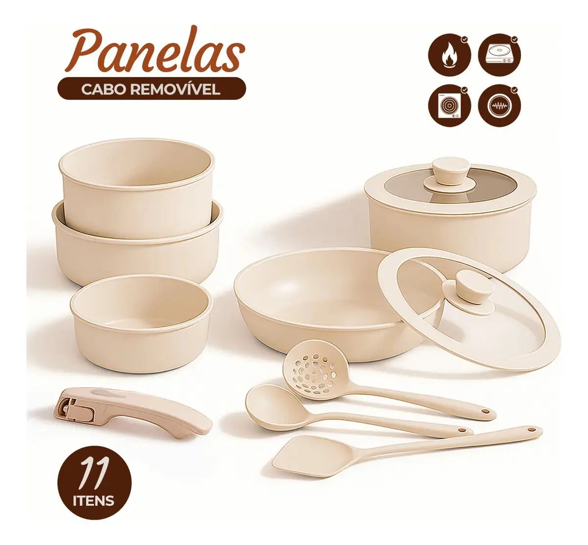 Jogo Panelas 11 Pçs Antiaderente Cabo Removível Tampa Vidro 3 Colheres De Silicone Cozinha Familar Fogao Indução Frigideira Frita Sem Oleo A Vapor Louças