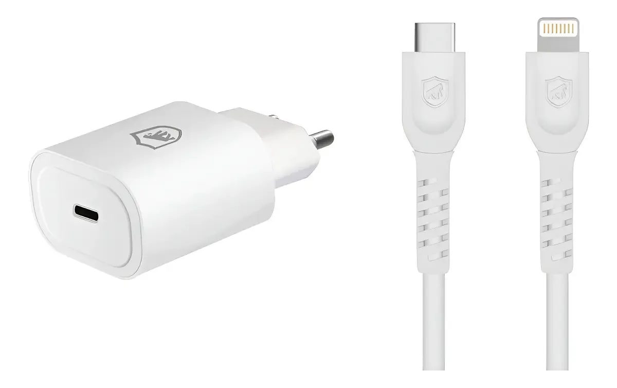 Kit Carregador de Parede Ultra Rápido Tipo C 25W Qualcomm 3.0 + Cabo Dual Shock MFI Lightn/Tipo C Compatível com iPhone Branco Gshield
