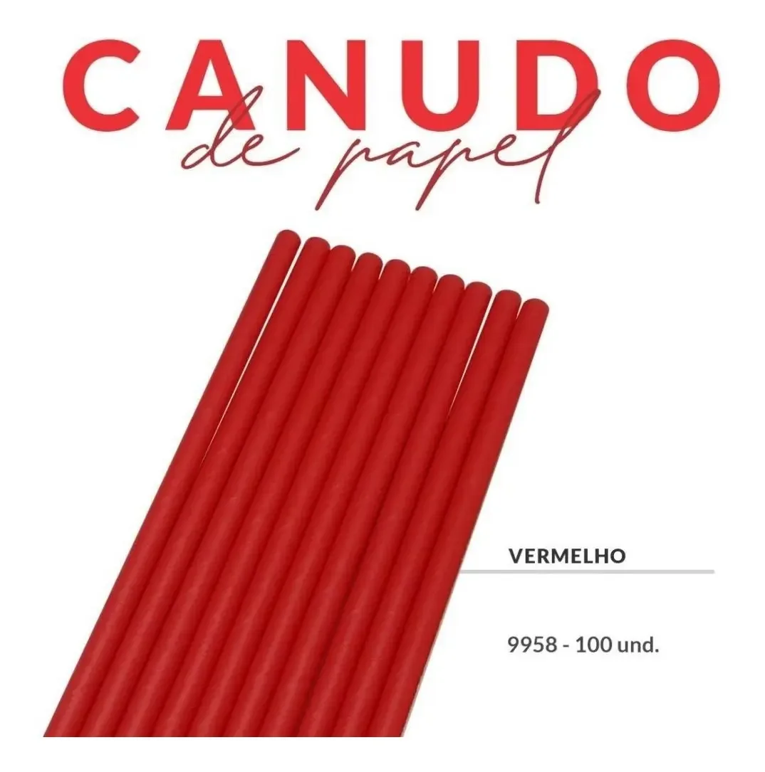 100 Canudos De Papel Colorido Biodegradável Drinks Decoração Cor Vermelho
