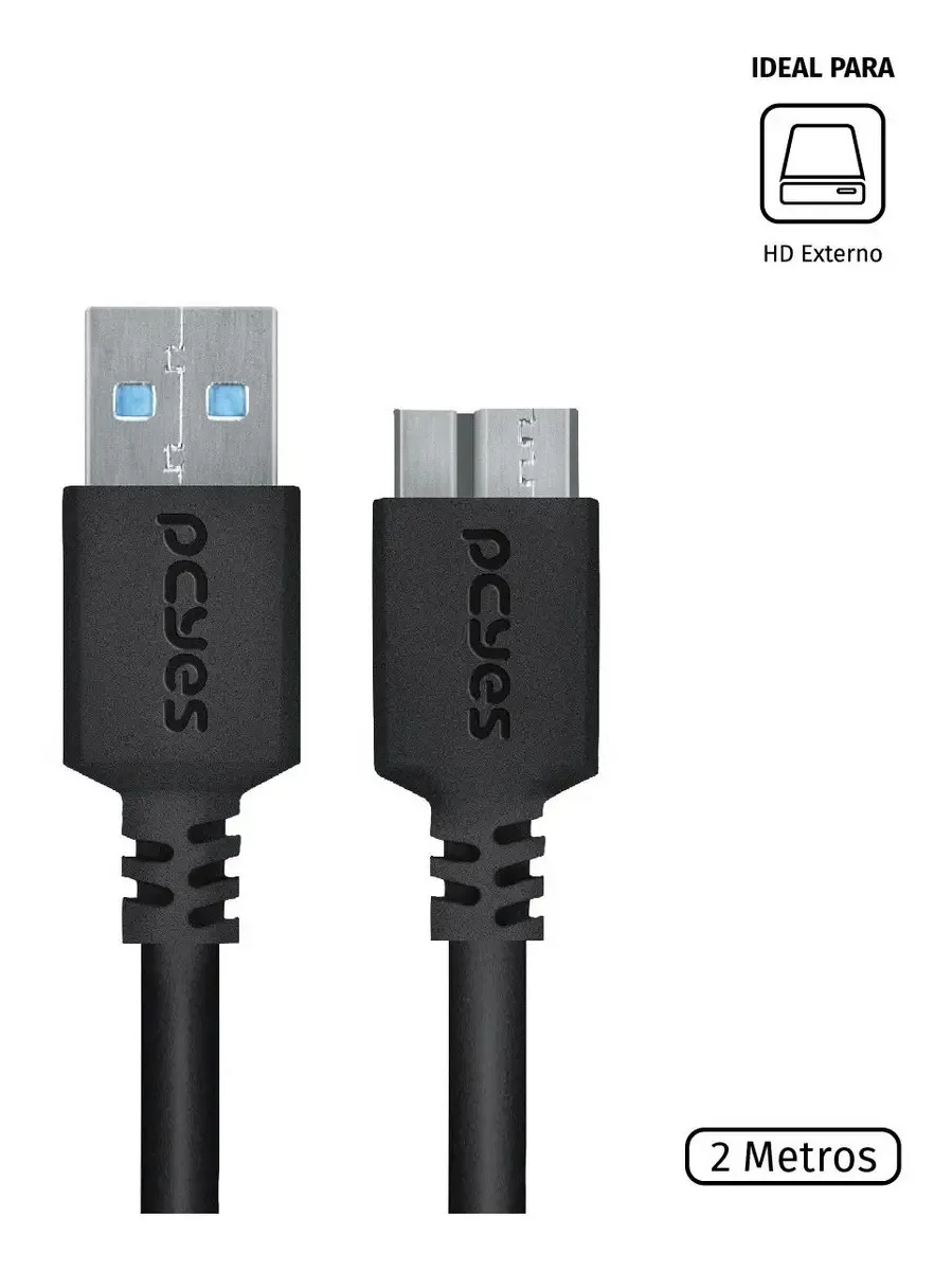 Cabo Micro USB B Pcyes 2m para HD Externo USB 3.0 Preto