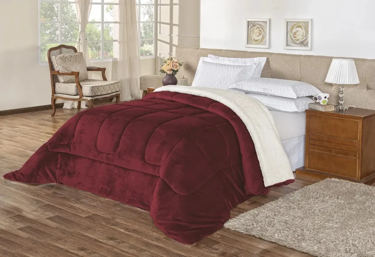Endredom Coberdrom Casal Queen Sherpa Roupa De Cama Quarto Cor Vinho