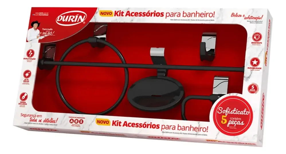 Kit Acessórios para Banheiro Durín Sofisticato 5 Peças Preto e Cromado