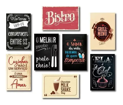 Kit Placas Decorativas Cozinha Frases Retrô Mdf -8 Placas