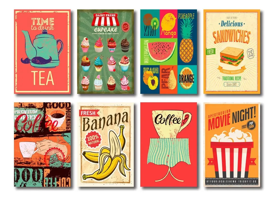 Kit Placas Decorativas Frutas Lanches Café Mdf - 8 Placas