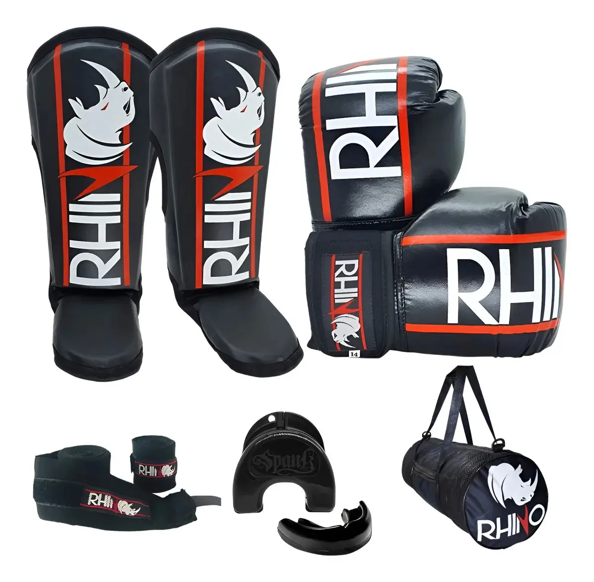 Kit Muaythai Kickboxing Luva Caneleira Bandagem Bucal Bolsa Profissional Treino Artes Marciais Cor Preto Rhino Tamanho 12oz